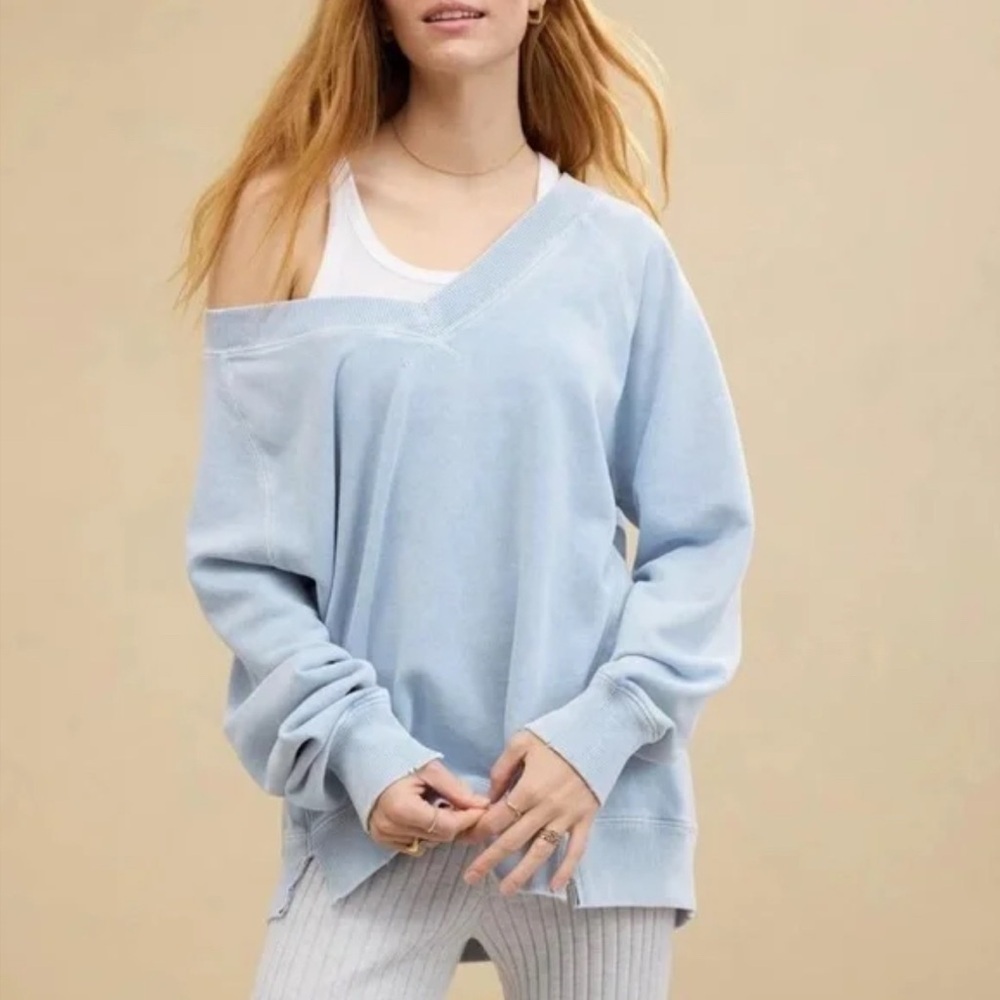 Aerie Downtime Light Blue Off-Shoulder Knit Sweater - Womens large